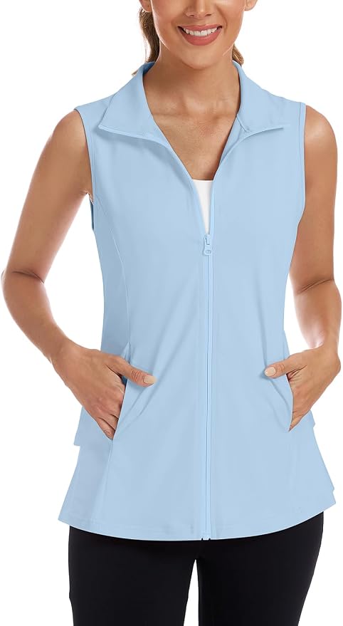 Women's Golf Vest with Pleated Tennis Skirt Hem Lightweight Full Zip Sleeveless Athletic Shirts with Pockets