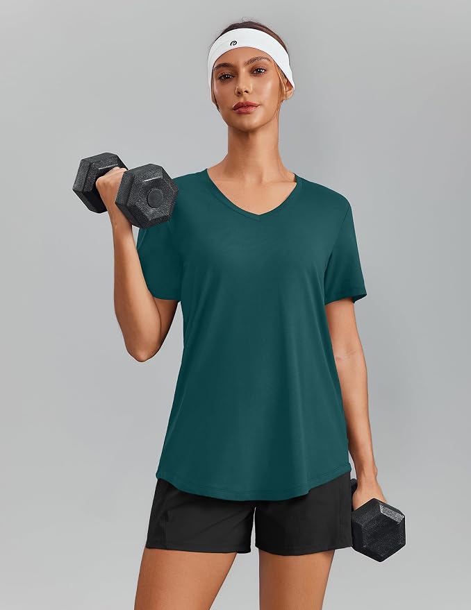 PINSPARK Soft Workout Tops for Women Short Sleeve V Neck Moisture Wicking UPF 50+ Sun Protection Quick Dry Gym Shirts
