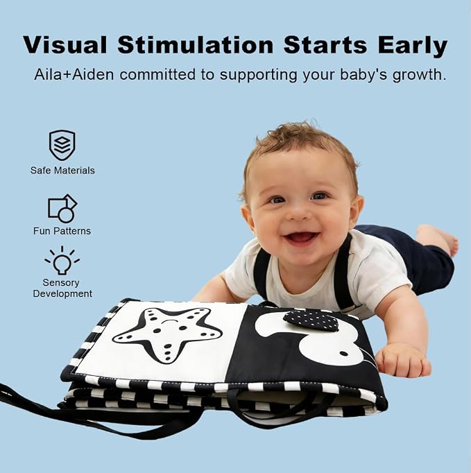 Aila+Aiden Black and White Baby Toys, Tummy Time High Contrast Newborn Toys 0-3 Months, Soft Baby Book, Visual Stimulation Montessori Sensory Infant Toys 0-6-12 Months, Shower Gift for Boys Girls