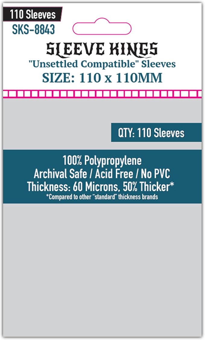 Sleeve Kings Unsettled Compatible Card Sleeves – 110 Pack, 110 x 110 mm, Extra Clear 60 Micron Polypropylene, Acid-Free, PVC-Free, Card Protection for Board Games – SKS-8843
