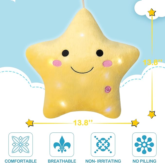 DearSun Set of 2pcs, 13'' Creative Twinkle Star Colorful Night Light Plush Pillows Light up Night Stuffed Toys Perfect for Birthday Christmas Holiday Valentines(Yellow+Deep Pink)