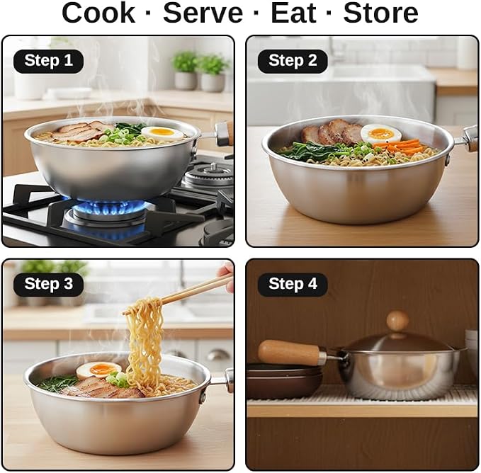 Korean Ramen Pot Set, 18/8 Stainless Steel Ramen Cooking Pot with Glass Lid, Coating-Free One-Person Dining Set, Wooden Handle Bowl, Fork Spoon Chopsticks&Sauce Dish, Safe for Gas Stove