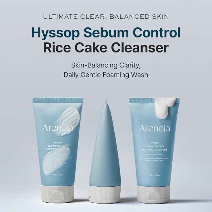 ARENCIA Hyssop Sebum Control Rice Cake Cleanser, AHA Tea Tree Face Wash for Oily Combination Skin 150ml / 5.07 fl oz