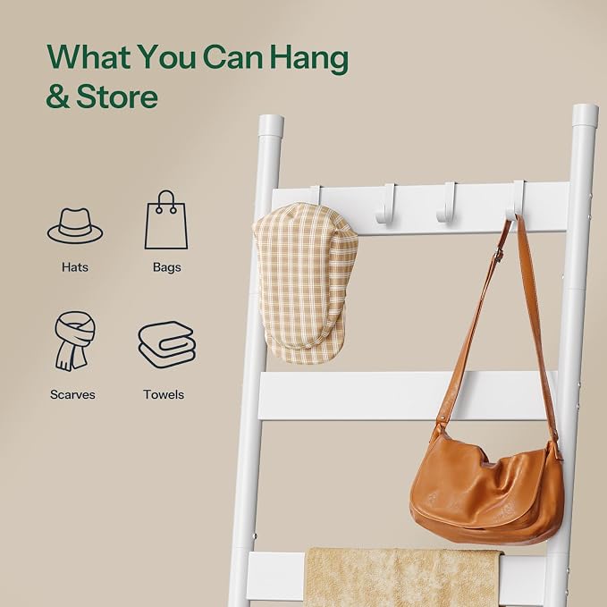 HOOBRO Blanket Ladder, 6-Tier Towel Rack with Hooks, Wall-Leaning Blanket Rack, Decorative Display Ladder Shelf, for Scarves, Industrial, Living Room, Bedroom, White WW66CJ01
