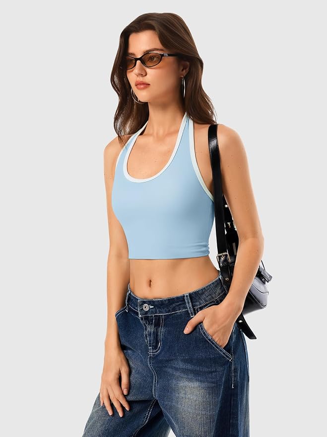Halter Workout Top for Women: Open Back Sports Bra Color Block Tops with Built in Bra Yoga Gym Crop