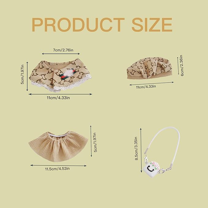 17cm Doll Clothes Set and Accessories Suit, (NO Doll) 4-Piece Set, British Style,Clothes for labubu, Including Shawls, Beret, Skirts, Bags (Khaki)