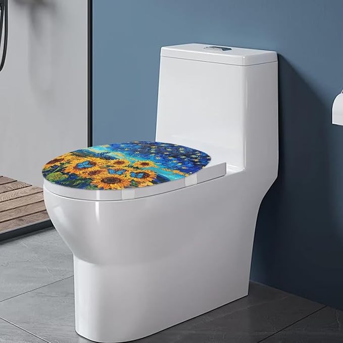 KathyboomToilet Lid Cover, Suitable for Most Round, Long and Oval Toilet Lid Cover, Comfortable and Dustproof, Reusable Toilet Seat Cover-Sunflowers With Butterflies