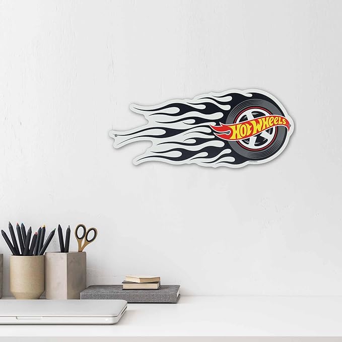 Hot Wheels Flaming Tire Metal Sign - Classic Hot Wheels Wall Decor for Bedroom, Garage or Man Cave