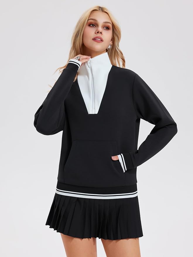 Airfree Women Two Piece Tennis Skirt Set Golf Outfits Half Zip Oversize Pullover Sweatshirt 2 Piece Skirt Sets with Pockets