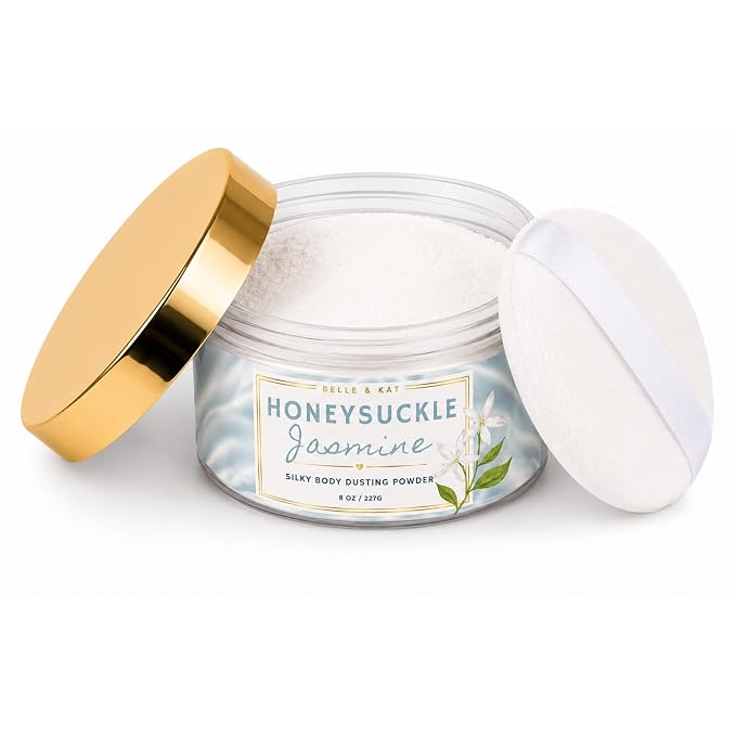 Honeysuckle Jasmine Scented Body Powder for Men & Women, Bath Perfume Dusting Powder with Fragrance & Essential Oils, Talc Free 8oz Container with Puff, Made in USA