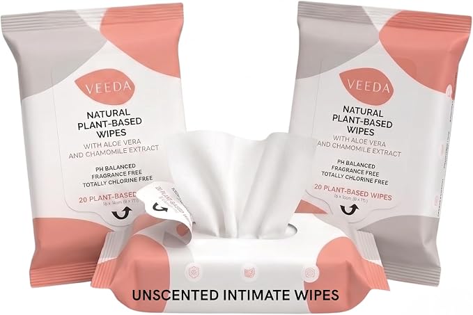 Veeda Plant-Based Feminine Wipes – pH-Balanced, Hypoallergenic & Biodegradable Wipes for Sensitive Skin, Fragrance-Free Travel Sized Wipes – 60 Count
