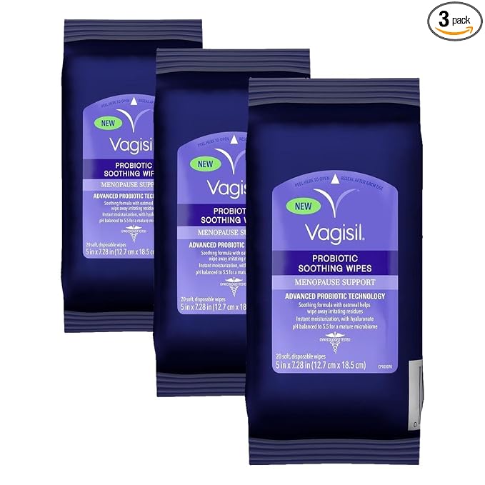 Vagisil Menopause Support Probiotic Wipes for Women, Hyaluronate & Oatmeal, Soothing for Mature Microbiome, Light Botanical Scent, 20 Count (Pack of 3)