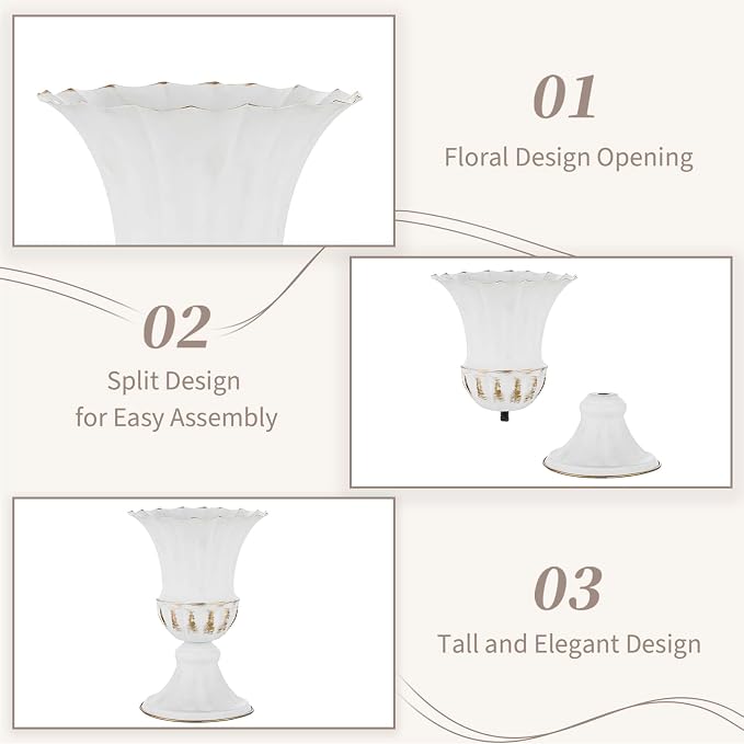 Sziqiqi White Metal Vase for Centerpiece, Table Flower Arrangements, 10Pcs | 9in Tall Compote Vase, Trumpet Urn Vase for Decoration, Planter Pot for Artificial Flower, For Reception, Home, Party Decor
