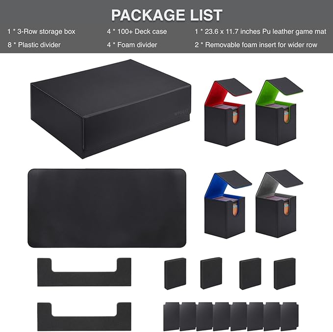 Deck Cases Set for Trading Card, Hold Up to 4000 Cards In Total, Include 3-Row Storage Box, 4 Deck Cases, Game Mat, Dividers and Foam Insert, Compatible with TCG, MTG, YuGiOh and Sport Card