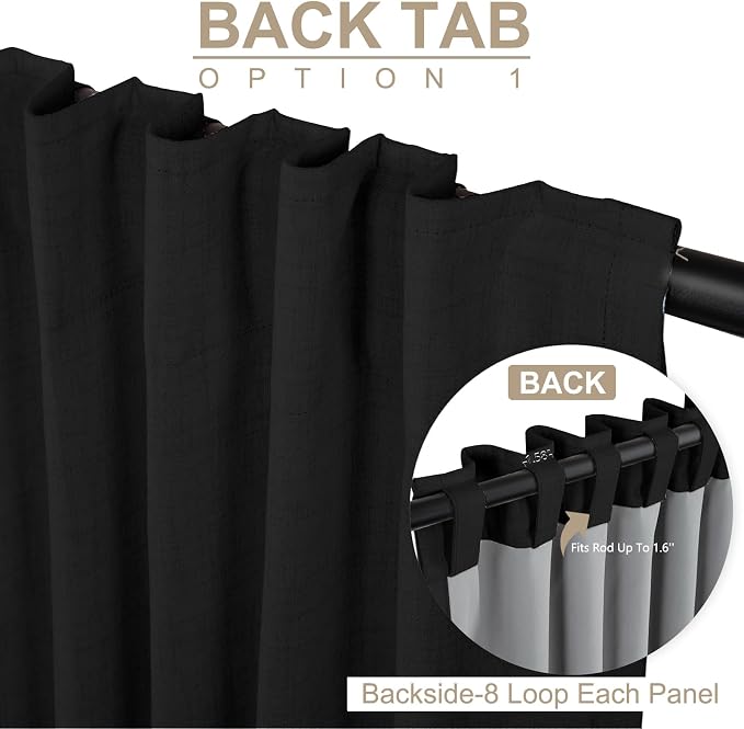 100% Blackout Shield Linen Blackout Sliding Door Curtains for Living Room, Back Tab/Rod Pocket Thermal Insulated Curtains for Sliding Glass Doors, 1 Panel Set, 100" W x 108" L, Black