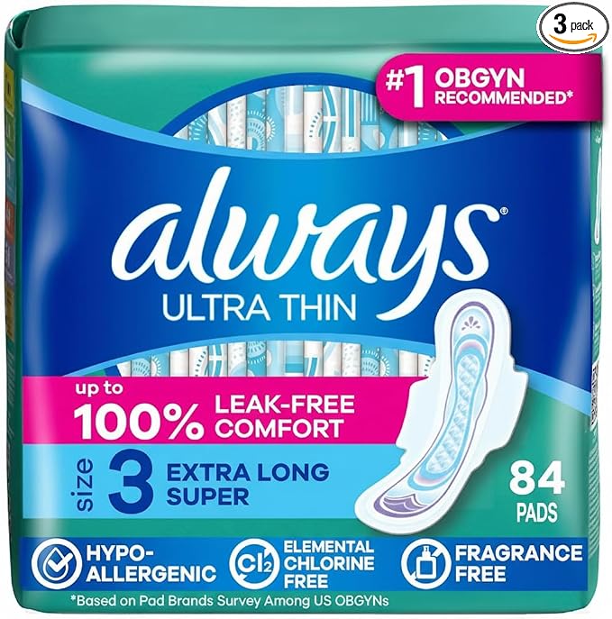 Always Ultra Thin Feminine Pads with Wings for Women, Size 3, Extra Long Super Absorbency, Unscented, Up to 100% Leak-Free Protection, 84 Count Total