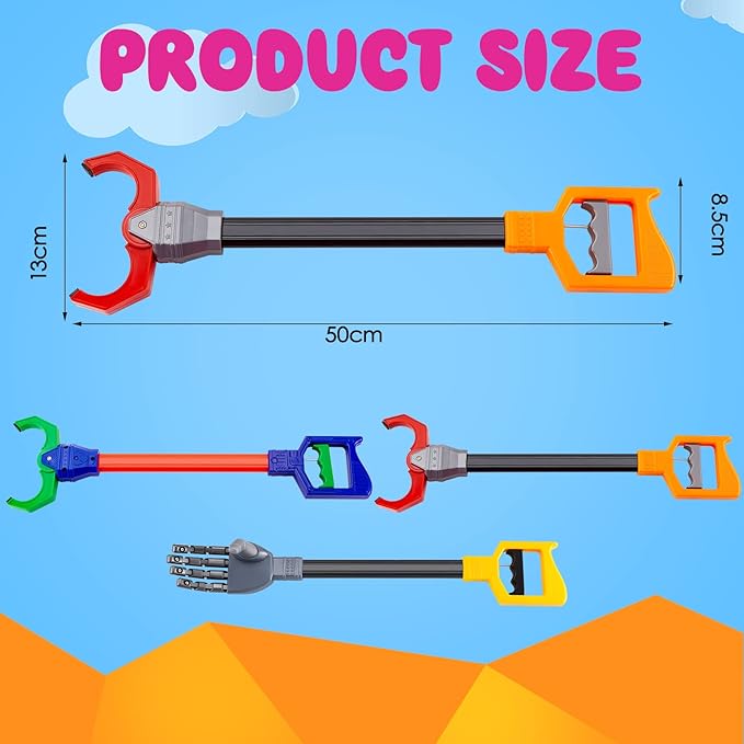 Lewtemi 4 Pcs Interactive Grabber Toy for Kids Claw Robot Arm Pack Reacher Pickup Tool for Boys Girls Children Fun Early Learning and Hand Eye Coordination Play, 18 Inch (Red,Blue,Gray)