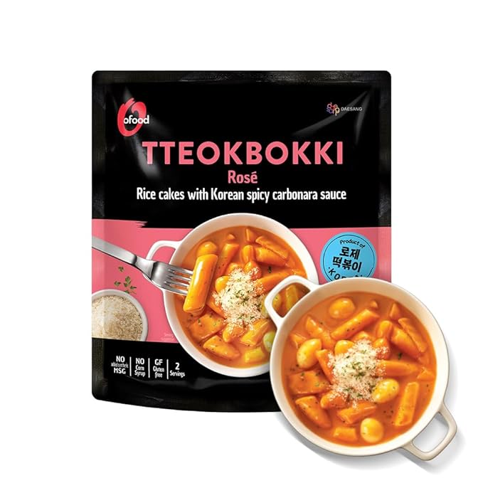 Tteokbokki Korean Rice Cakes – [Rose/Spicy Carbonara | Pack of 1] – Gluten Free | Ready in 3 Minutes | 0 Cholesterol/ 0 Trans Fat | 2 Servings Street Snack | Healthy/Savory/Spicy - O’food