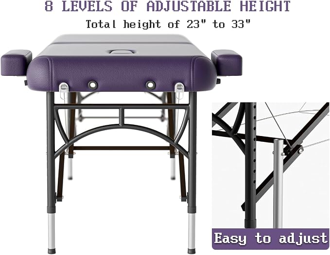 Professional Massage Table Portable 2 Fold Premium Memory Foam Aluminium Leg Hold Up to 1100LBS 8 Heights Adjustable with Carrying Bag Violet