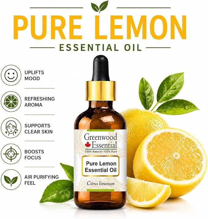Greenwood Essential Pure Lemon Essential Oil (Citrus limonum) with Glass Dropper Steam Distilled 5ml (0.16 oz)