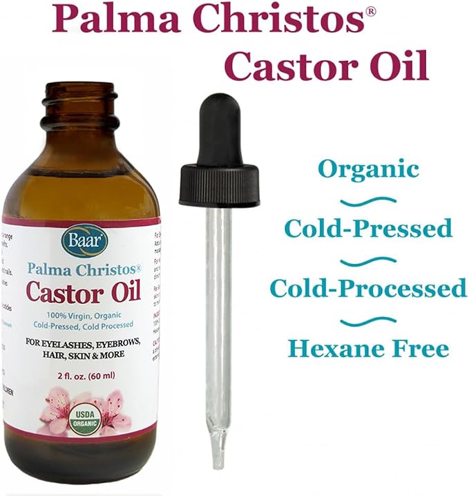 Baar Palma Christos Castor Oil, Organic, 100% Pure, Cold-Pressed, Hexane-Free Products. Helps with Conditions for Hair Growth for Eyebrows, Hair, and Eyelashes. Natural Hair Treatment Oil 2 oz.