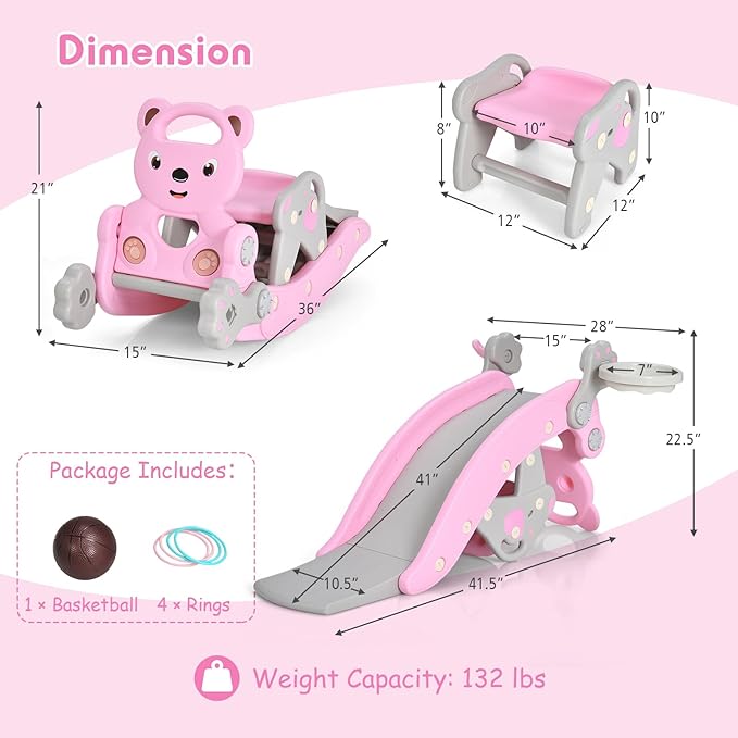 HONEY JOY Toddler Slide Rocking Toy, 6 in 1 Convertible Freestanding Slide for Kids w/Basketball Hoop/Ring Toss Game/Rocking Horse/Stool, Foldable Baby Climber Playground Slide for Indoors Outdoors