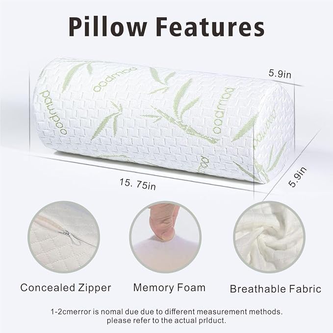 Cervical Neck Roll Pillow – Memory Foam Bolster Pillow for Neck & Back Support, Ergonomic Cylinder Pillow with Washable Bamboo Cover for Side Sleepers, Lumbar, Knee & Leg Support