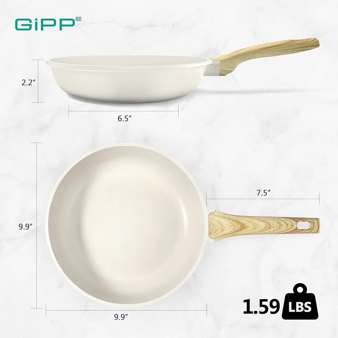 GiPP Nonstick Frying Pan Skillet - 9.5" White Granite Non Stick Fry Pans, Omelette Pan Healthy Stone Cookware Compatible with All Stovetops, PFOA Free