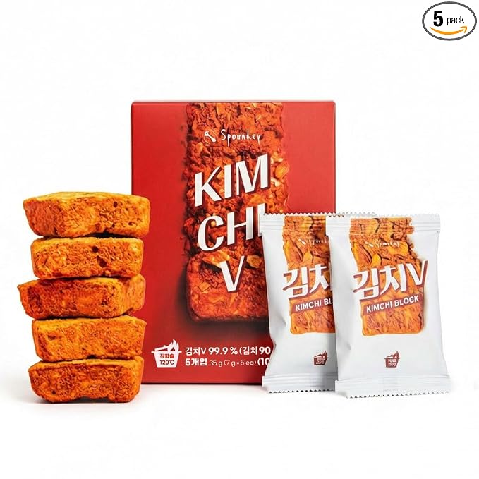 Korean Food SPOONKEY Freeze-Dried Kimchi Blocks, Instant Kimchi, 7g x 5 Pk | Freeze-dried fermented kimchi blocks for ramen, soup, camping meals, and travel food use
