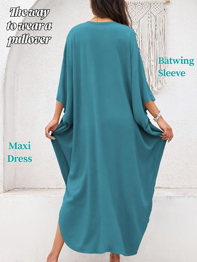 ChiaoLezhee Print Moo-Moos for Women, Kaftan Cover-Up Dresses, Sexy V-Neck High-Slit, Beach Pool-Party Coverups Muumuu Plus