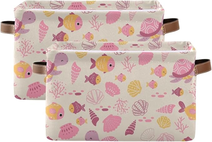 Aslsiy Storage Basket Ocean Life Turtle Nursery Bins Pink Fish Seashell Baby Box Canvas Clothes Shelf Basket Laundry Hamper 1 Pcs