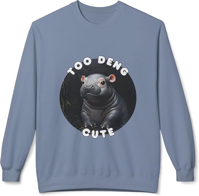 Unisex Fleece Crewneck Sweatshirt - Too Deng Cute Moo Deng Hippo, Cozy Cotton Blend, Classic Relaxed Fit