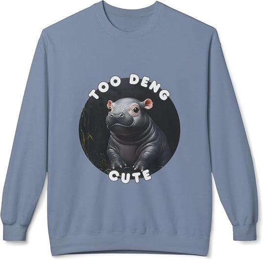 Unisex Fleece Crewneck Sweatshirt - Too Deng Cute Moo Deng Hippo, Cozy Cotton Blend, Classic Relaxed Fit