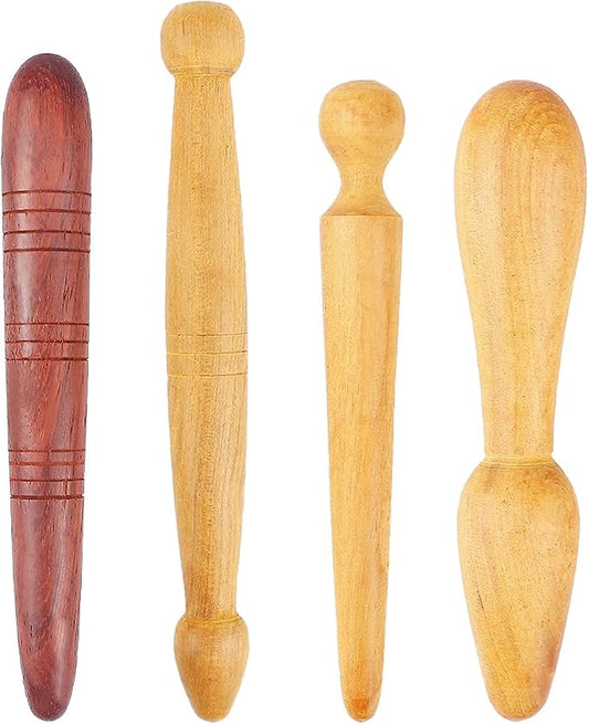 4PCS Massage Wooden Stick Small Muscle Scraper Manual Back Neck Foot Massager Smooth Wood Rod Acupuncture Point Massager Therapy Tool