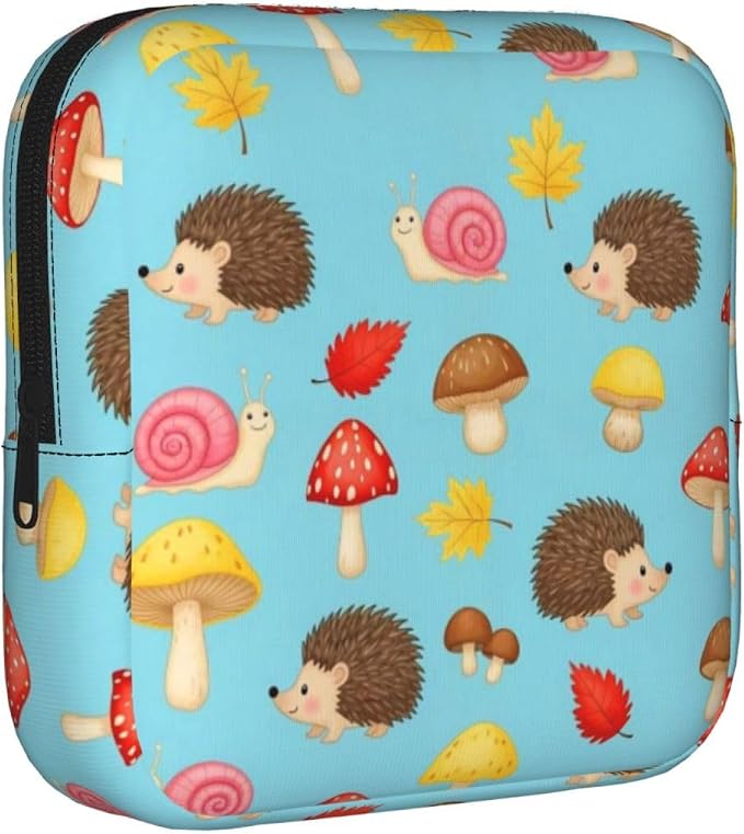 Cute Tampon Storage Pouch for Ladies, Mushrooms Hedgehogs Snail, Polyester Period Bag with Zipper, Multifunctional Storage for Jewelry
