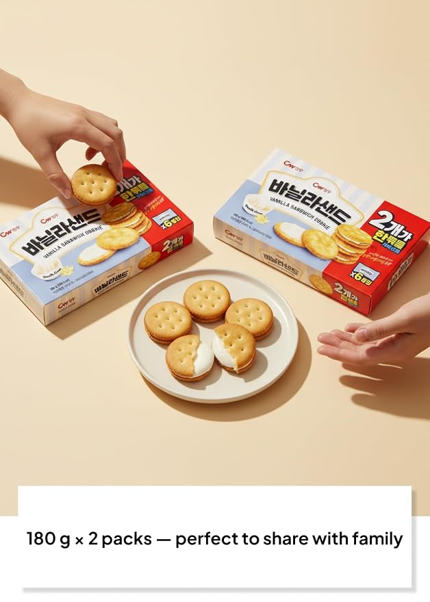 Korean Food CW Vanilla Sandwich Cookies Sweet Vanilla Cream 12 Packs 360g | Crispy sandwich cookies filled with sweet vanilla cream. Family pack includes 12 individual snack packs, 360g total.