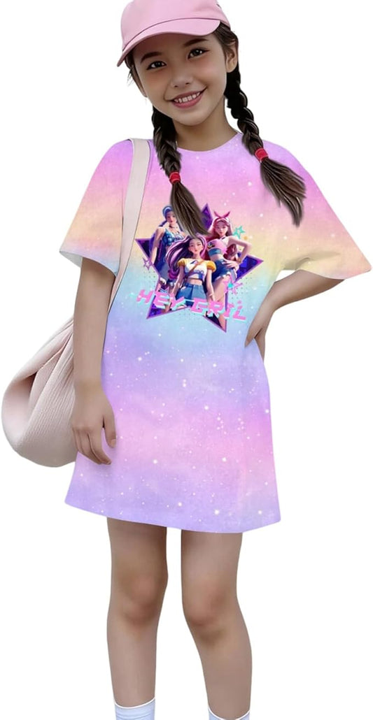 Girl's Anime K-POP Graphic Long Dress T-Shirt - Casual Loose Fit Short Sleeve Top
