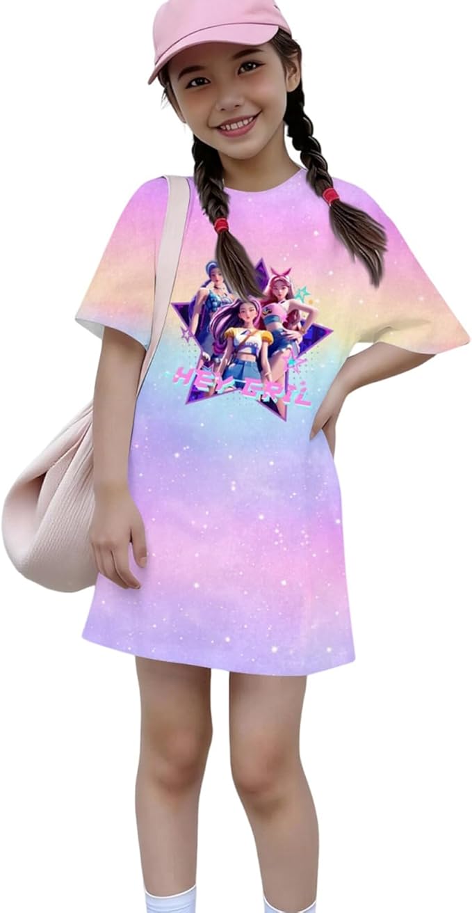 Girl's Anime K-POP Graphic Long Dress T-Shirt - Casual Loose Fit Short Sleeve Top
