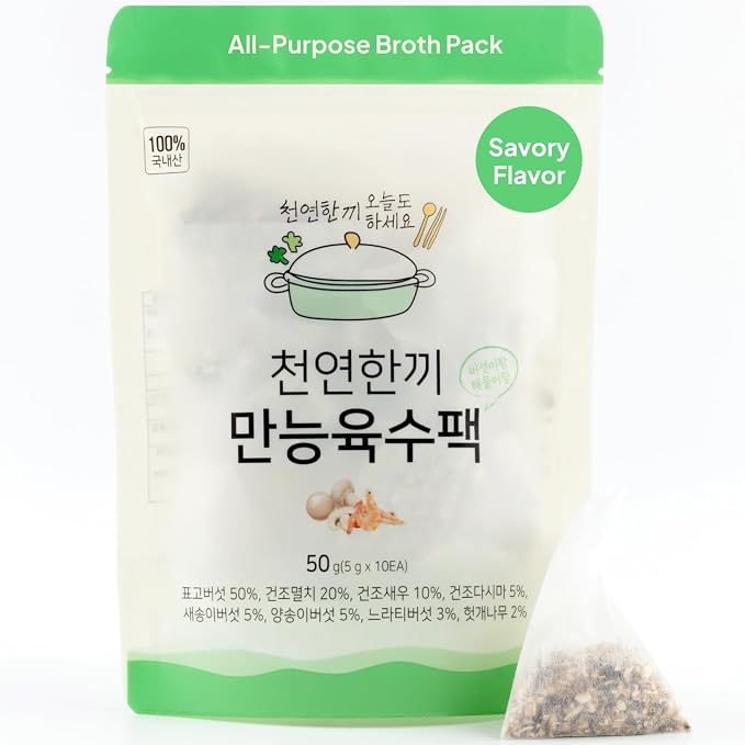 Korean Food All-Purpose Mushroom Seafood Broth Stock Bags 10 Packs 50g | All-purpose mushroom and seafood broth stock bags with rich umami flavor for soups, stews, and noodles. Includes 10 packets.