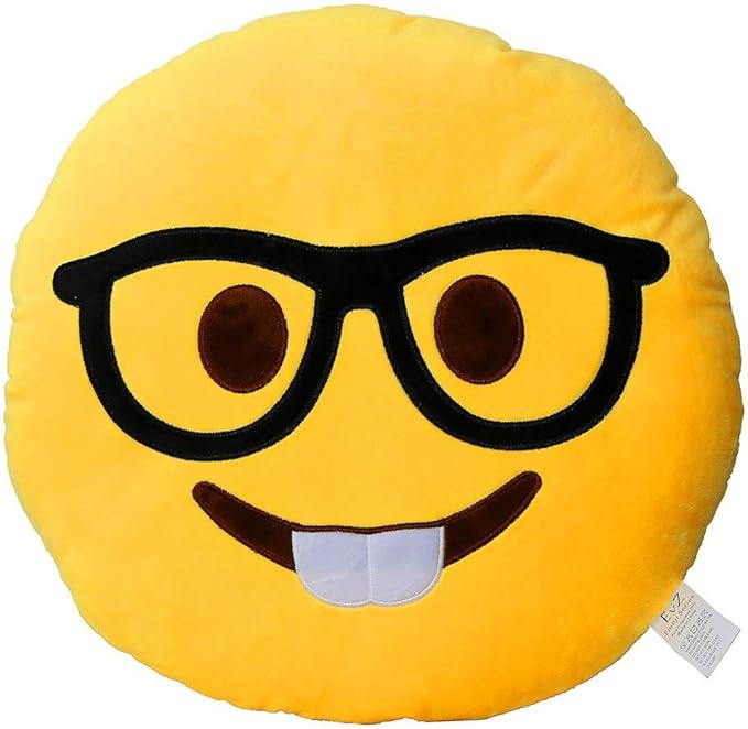 EvZ Official Certified Glasses Boy Emoji Pillow - 32cm Large Soft Plush Smiley Face Geek Emoticon Cushion - Cute Decorative Stuffed Toy for Students, School Gift, Home & Office Decor (Yellow)