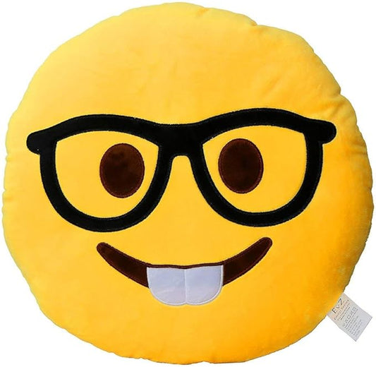EvZ Official Certified Glasses Boy Emoji Pillow - 32cm Large Soft Plush Smiley Face Geek Emoticon Cushion - Cute Decorative Stuffed Toy for Students, School Gift, Home & Office Decor (Yellow)