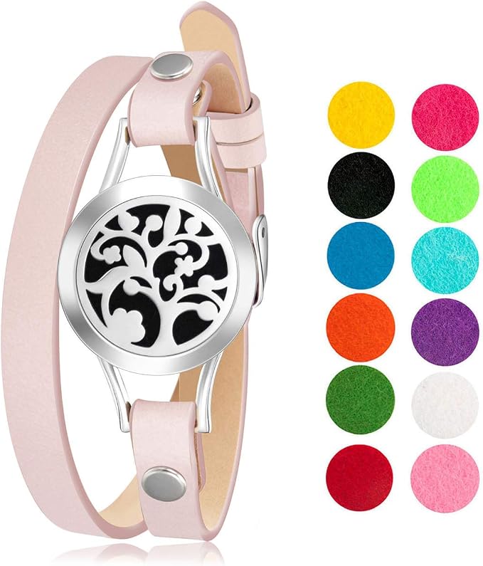 Wild Essentials Arbol Tree Essential Oil Bracelet Diffuser, Leather Wrap Band, Stainless Steel Locket Pendant, 12 Color Refill Pads, Customizable Color Changing Perfume Jewelry for Aromatherapy, Pink