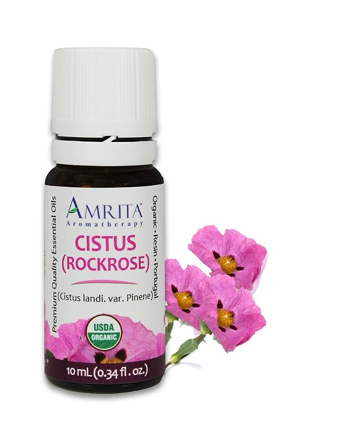 Amrita Aromatherapy Organic Cistus Rockrose Essential Oil, 100% Pure Undiluted Cistis Landi, VAR. pinene, Therapeutic Grade, Premium Quality Aromatherapy Oil, Tested & Verified, 60ML