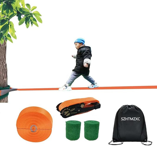 65ft Zipline Slackline Kit with Ratchet System and Tree Protectors, 500lbs Backyard Set for Kids and Adults, Beginner Balance Training Equipment with Carry Bag for Backyard, Park, Gym
