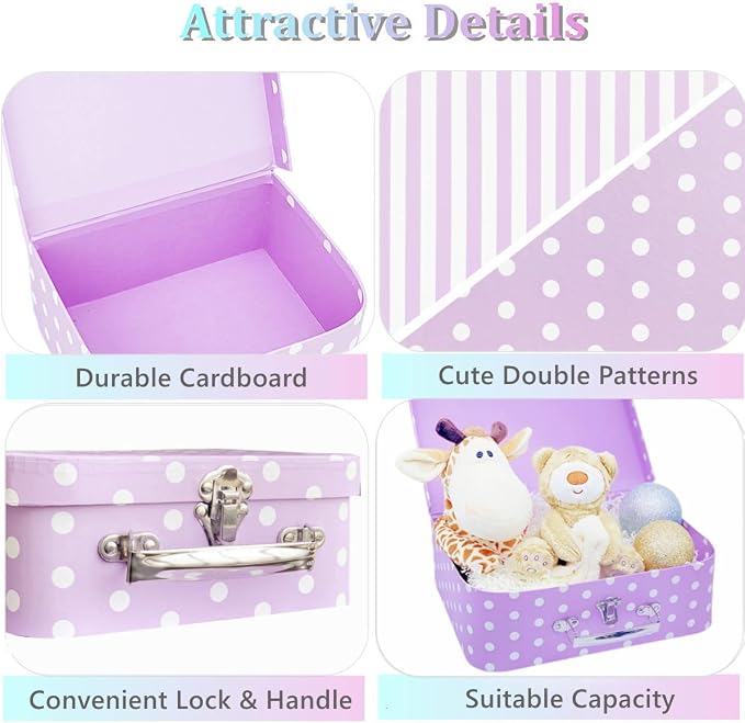 Paperboard Suitcases Set of 3, Cute Storage Box Nesting Gift Boxes with Lids for Christmas New Year, Wedding Birthday Party Home Decor, Mini Suitcase Favor Box (Purple Dots and Strips)