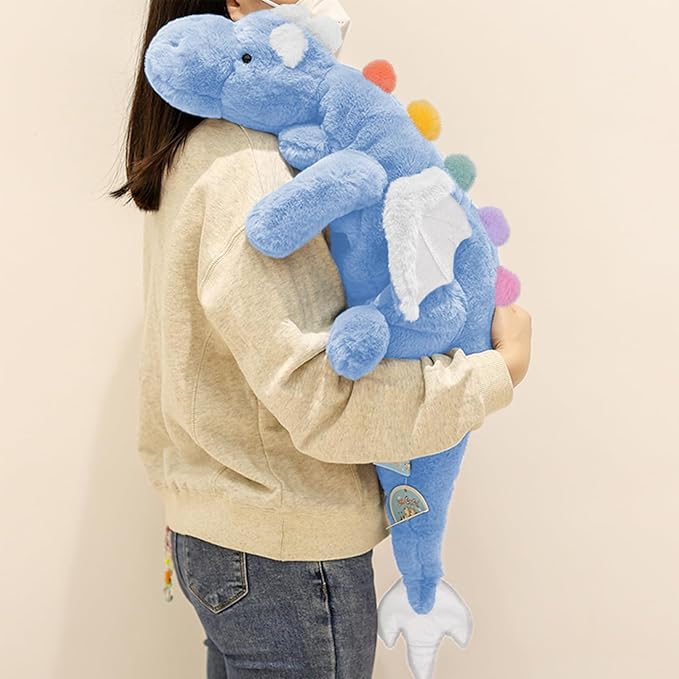 ARELUX Large 37in Cute Dragon Stuffed Animals Plush Toy Soft Sky Blue Pterosaur Plushie Giant Fuzzy Dinosaur Pillow Plushies with White Wings Cuddly for Friends Family Member