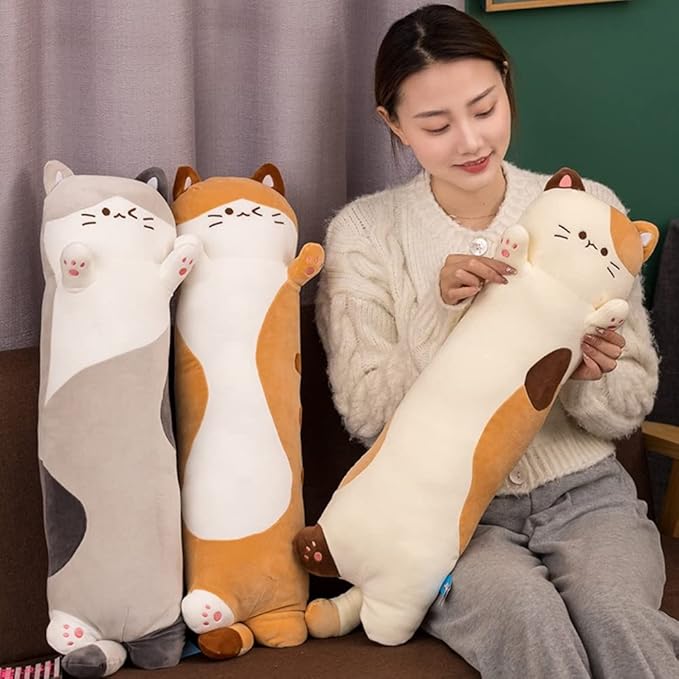 Long Plush Toy Cat Pillow Cute Plush Cat Toy Doll Stuffed Animal Cat Hugging Pillow for Sleeping Gift for Kids and Girls(Beige,70cm/27.6in)