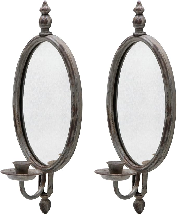 SOFFEE DESIGN 2PCS Antique Metal Candle Sconces Candlestick Holder Wall Mounted Distressed with Oval Faded-Looking Mirror
