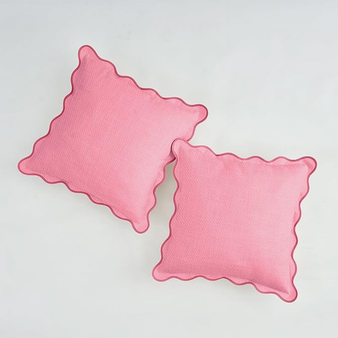 Scalloped Throw Pillow Covers | Decorative Couch Pillows | Boho Sytle for Living Room | for Valentines Day (Pink, 18x18 Inch)