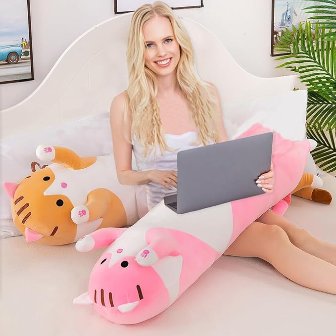 Pink Cat Long Plush Pillow Kitty Stuffed Animals Soft Sleeping Throw Pillow Doll Toy (Pink,18inches)